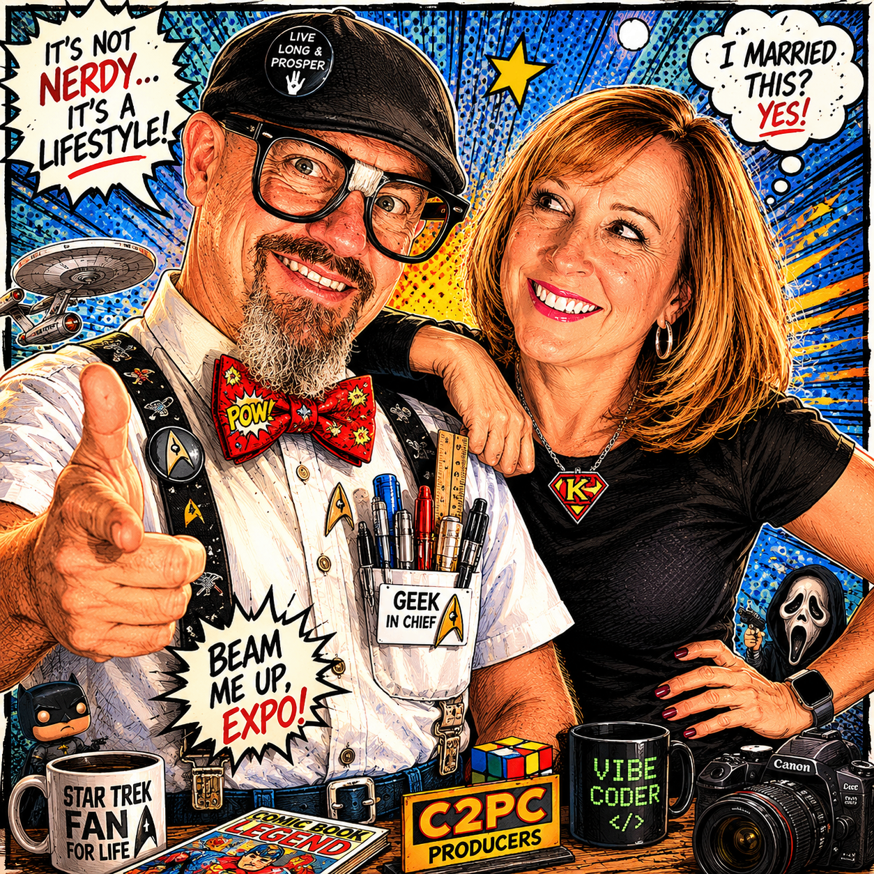 Comic-book illustration of Dean and Kendra Titus, producers of C2PC