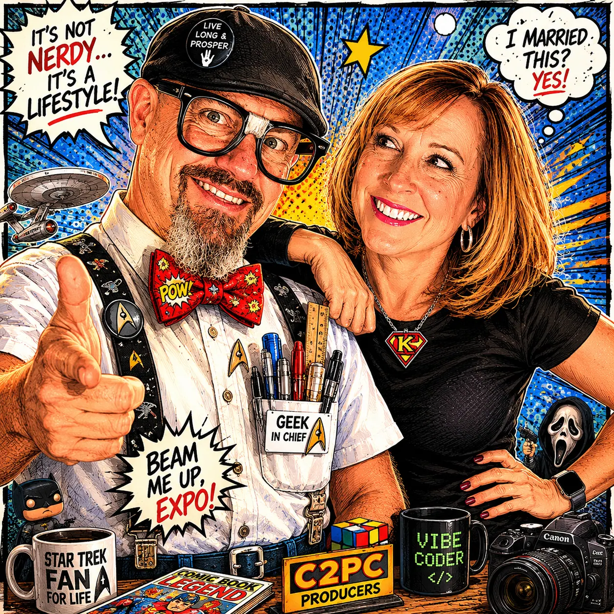 Comic-book illustration of Dean and Kendra Titus, producers of C2PC