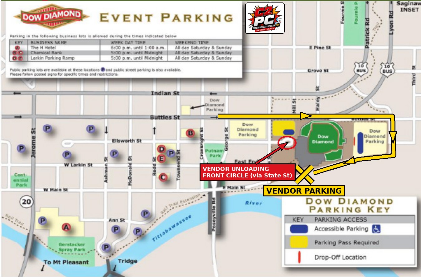 Official Dow Diamond event parking map annotated for C2PC vendors: unload at the front drop-off circle reached via State St, then return to the yellow driving route on Buttles St, continue east around and behind Dow Diamond, and follow the yellow route south to the lower rear Vendor Parking area near E Main St. There is no direct vehicle route from the unload circle to Vendor Parking.